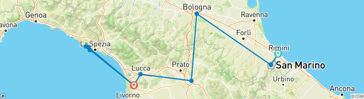 Image of a map showing the route of the tour