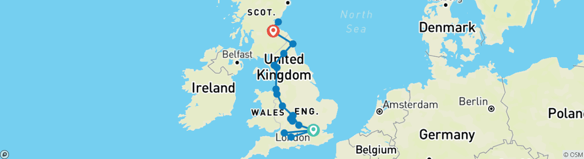 Image of a map showing the route of the tour