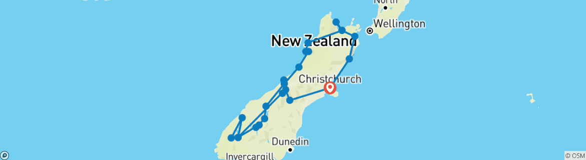 Carte du circuit Aventure pédestre en Nouvelle- Zélande