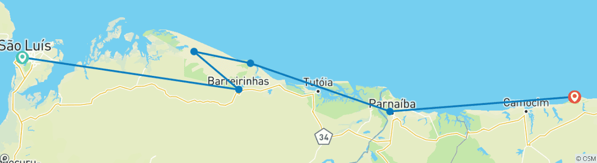 Image of a map showing the route of the tour