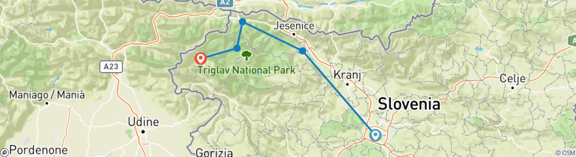 Image of a map showing the route of the tour