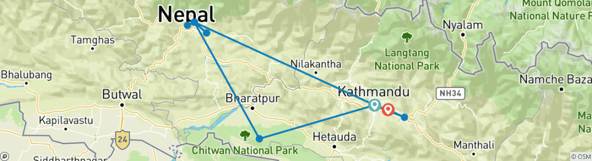 Image of a map showing the route of the tour