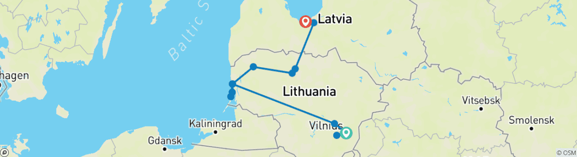 Image of a map showing the route of the tour