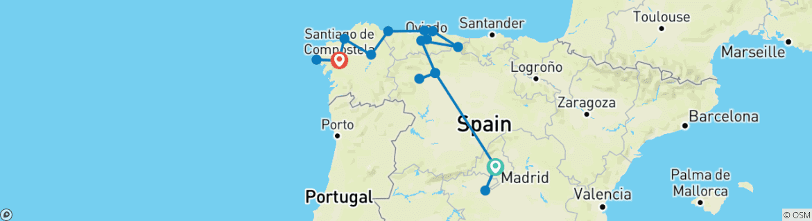 Image of a map showing the route of the tour