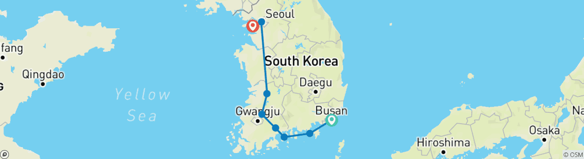Image of a map showing the route of the tour