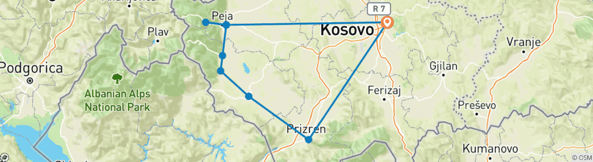 Image of a map showing the route of the tour