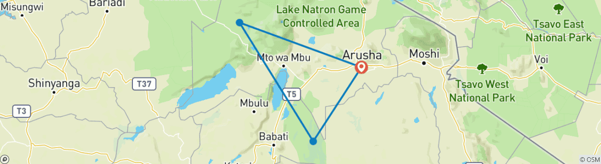 Carte du circuit Safari de gamme moyenne dans le parc du Tarangire et le cratère du Ngorongoro