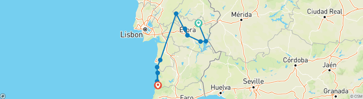 Image of a map showing the route of the tour