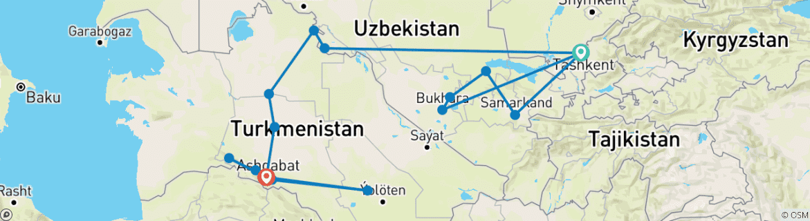 Image of a map showing the route of the tour