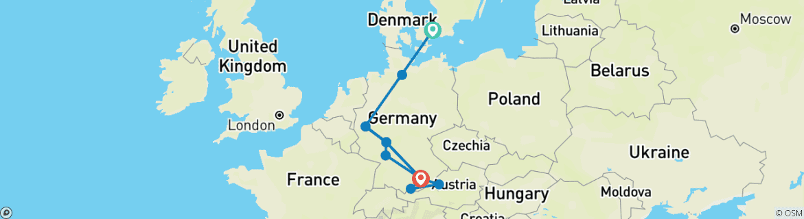 Image of a map showing the route of the tour