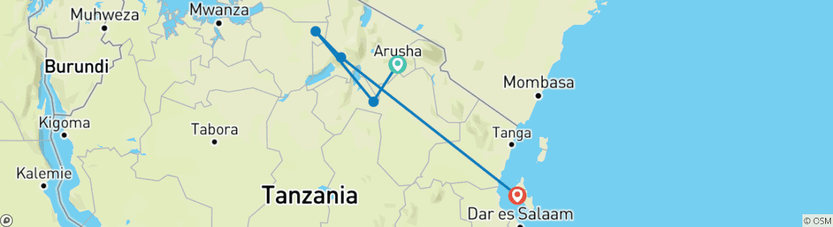 Image of a map showing the route of the tour