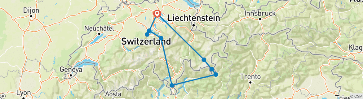Image of a map showing the route of the tour