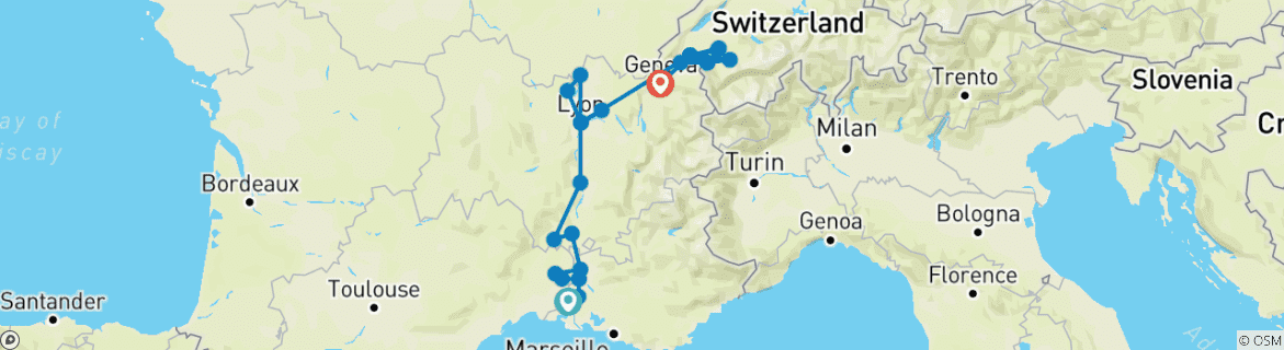 Image of a map showing the route of the tour