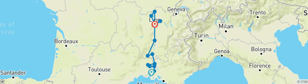Image of a map showing the route of the tour