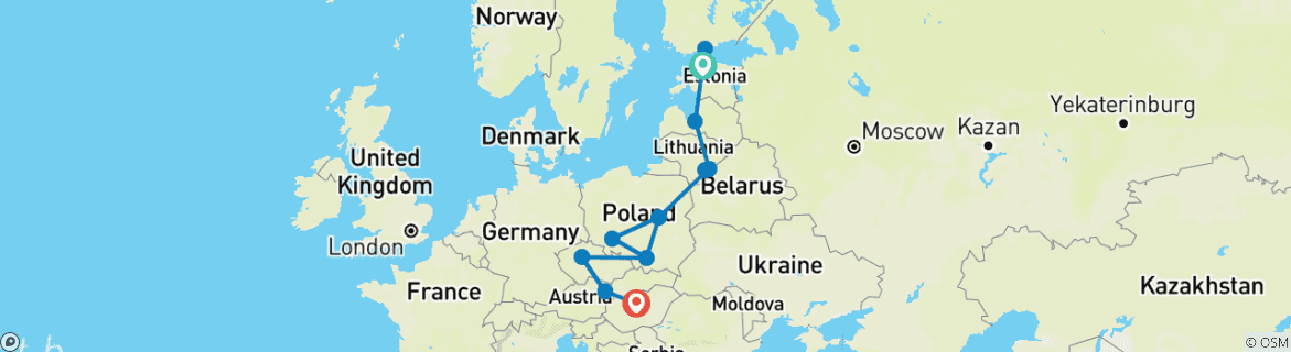 Mapa de Gran recorrido por Europa: 7 países (países bálticos, Polonia y Europa del Este) en 21 días. Visitarás Tallin, Riga, Vilna, Varsovia, Breslavia, Cracovia, Praga, Viena y Budapest.
