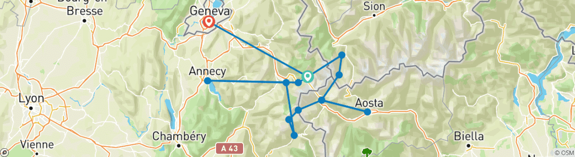 Image of a map showing the route of the tour