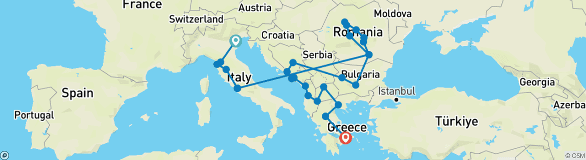 Karte von Entdeckungsreise durch Italien, den Balkan und Siebenbürgen