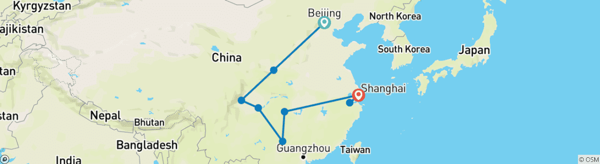 Kaart van 21 dagen door China: de 9 belangrijkste steden (je eigen groep, reisplan op maat en 4★-hotels)