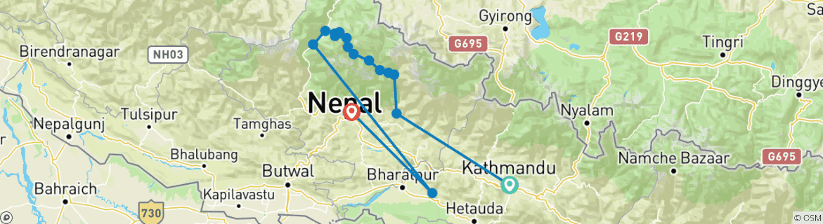 Image of a map showing the route of the tour