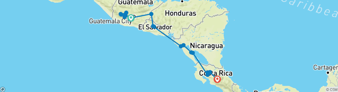 Image of a map showing the route of the tour