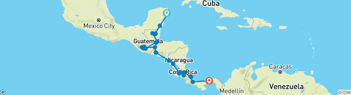 Carte du circuit Le meilleur de l'Amérique centrale (50 destinations)