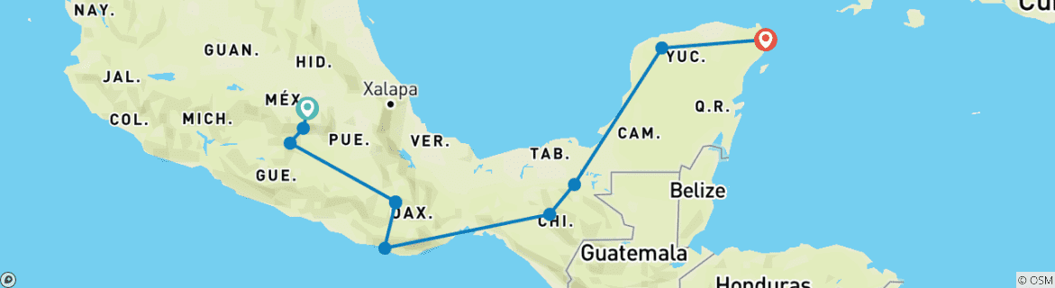 Karte von 13-tägiges Rucksackabenteuer in Mexiko: Von der Hauptstadt bis nach Yucatán