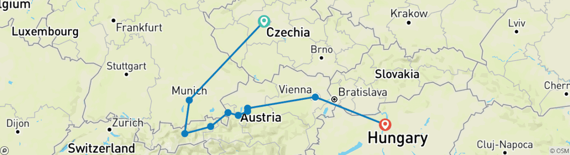 Image of a map showing the route of the tour