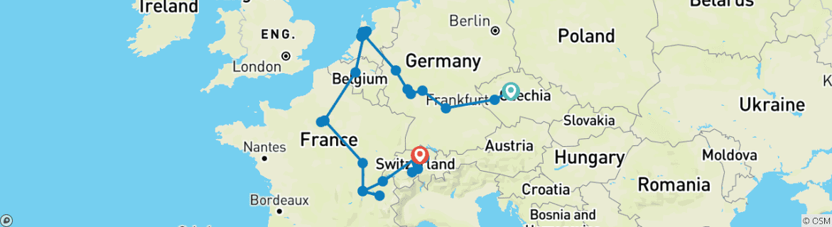 Image of a map showing the route of the tour