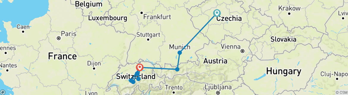 Image of a map showing the route of the tour