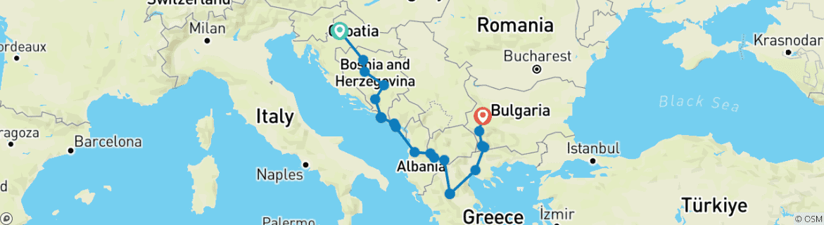 Image of a map showing the route of the tour