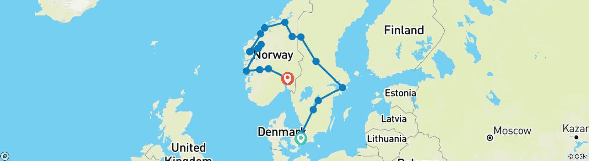 Image of a map showing the route of the tour