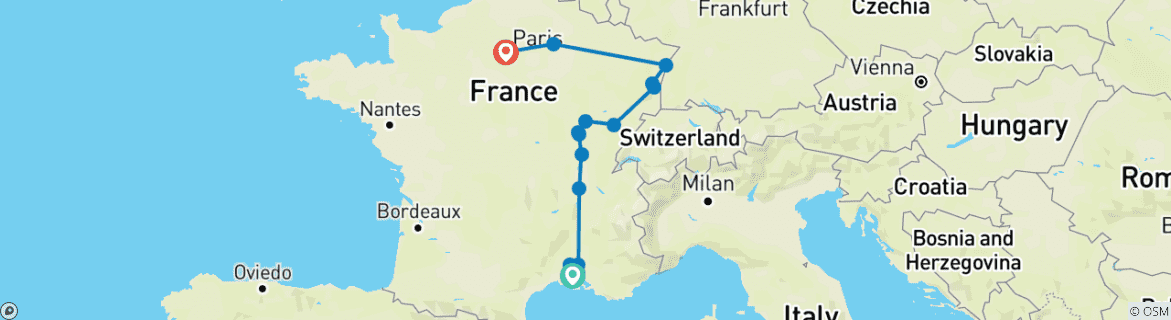 Image of a map showing the route of the tour