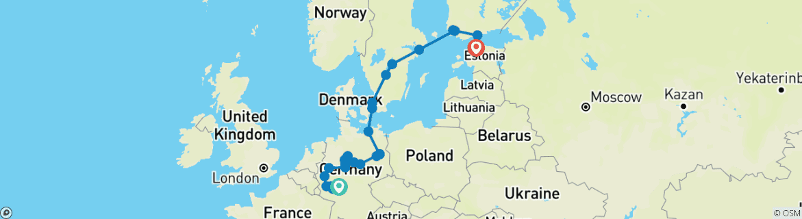 Image of a map showing the route of the tour