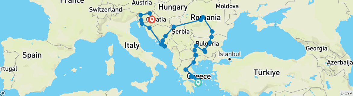 Image of a map showing the route of the tour