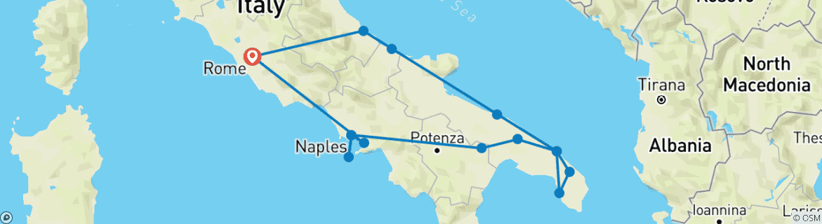Image of a map showing the route of the tour