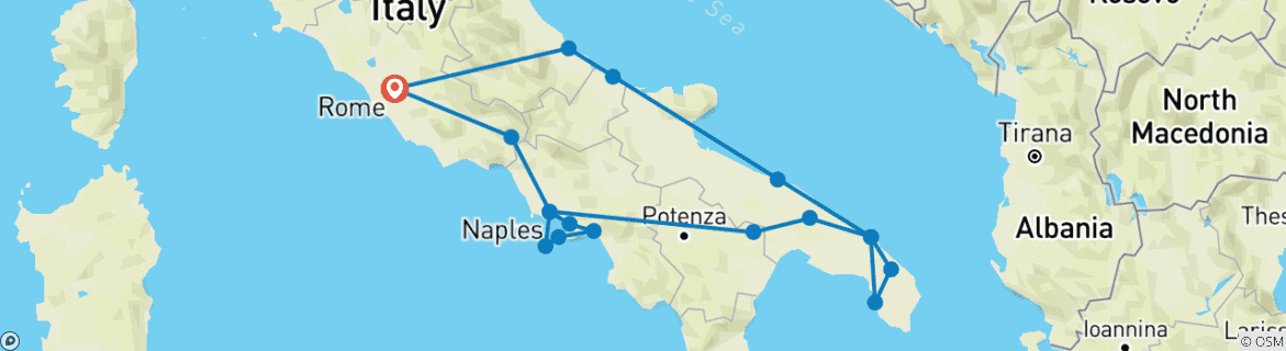 Image of a map showing the route of the tour