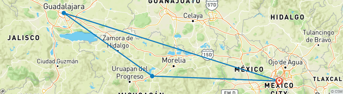 Image of a map showing the route of the tour