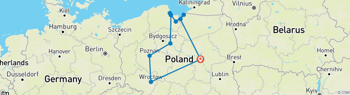 Image of a map showing the route of the tour