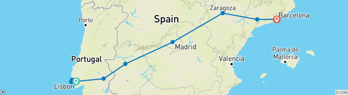 Image of a map showing the route of the tour