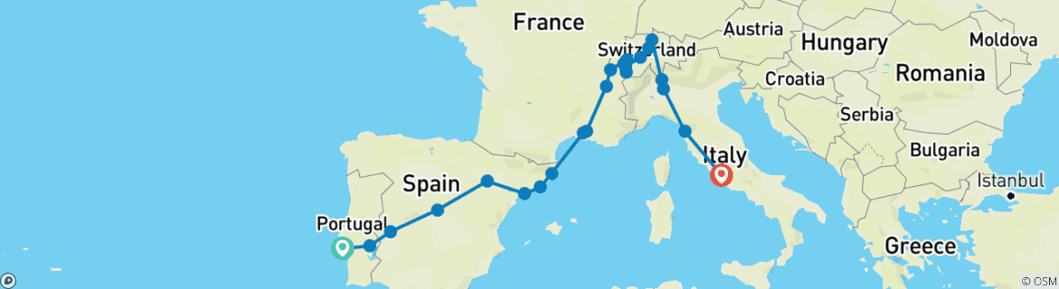 Image of a map showing the route of the tour