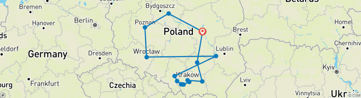 Image of a map showing the route of the tour