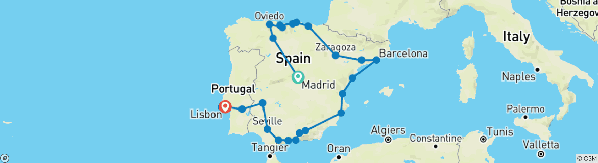 Image of a map showing the route of the tour