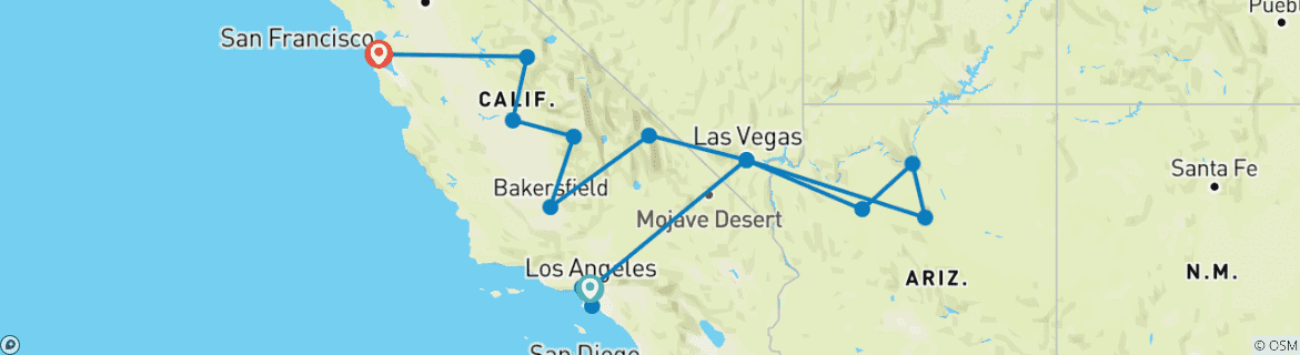 Image of a map showing the route of the tour