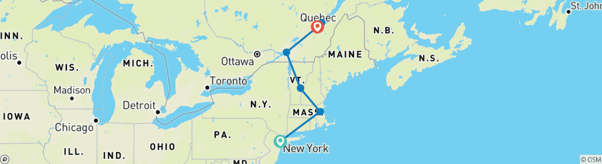 Image of a map showing the route of the tour
