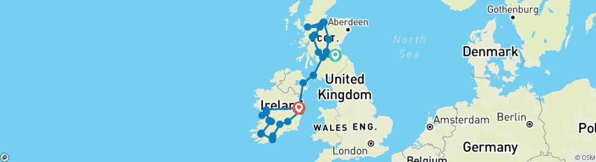 Image of a map showing the route of the tour