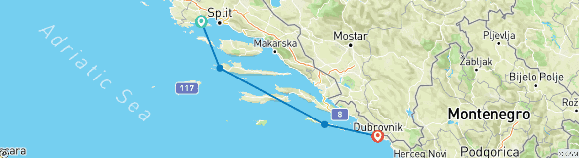 Image of a map showing the route of the tour