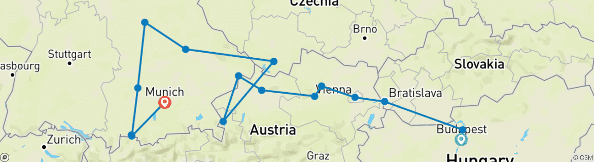Image of a map showing the route of the tour