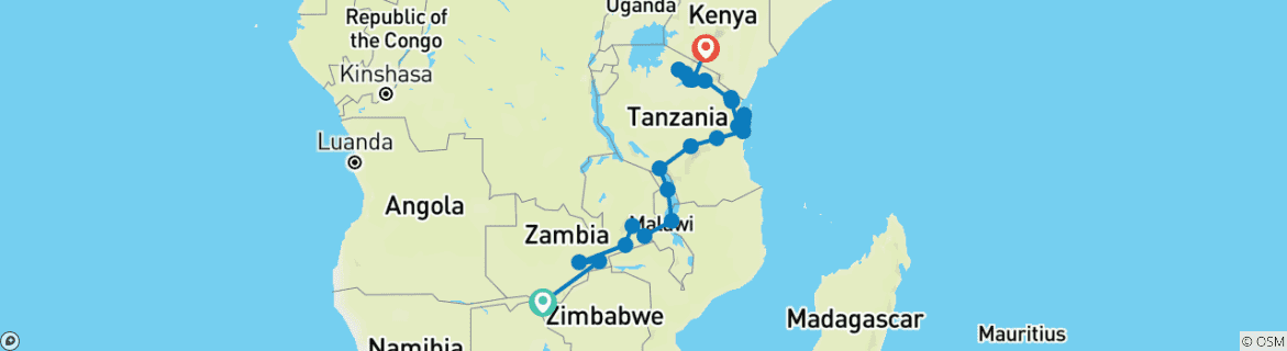 Carte du circuit De Vic Falls au Kenya (28 destinations)