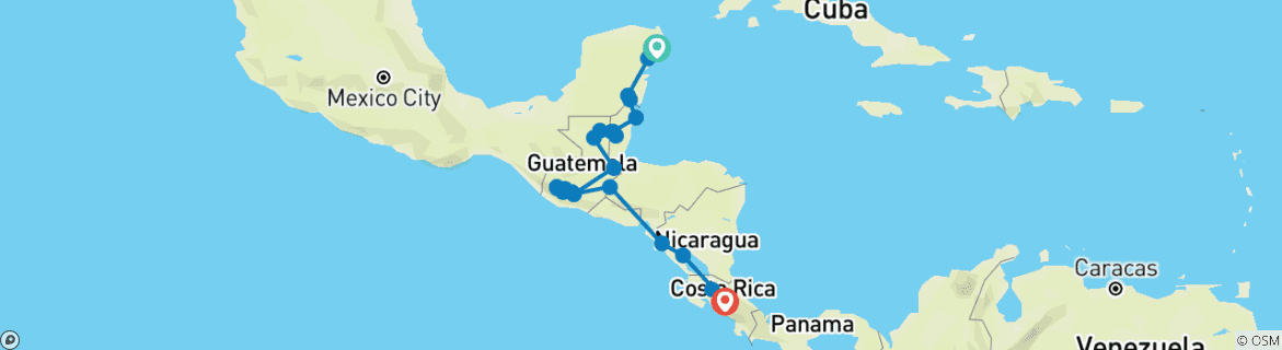 Carte du circuit Aventure en Amérique centrale (41 destinations)