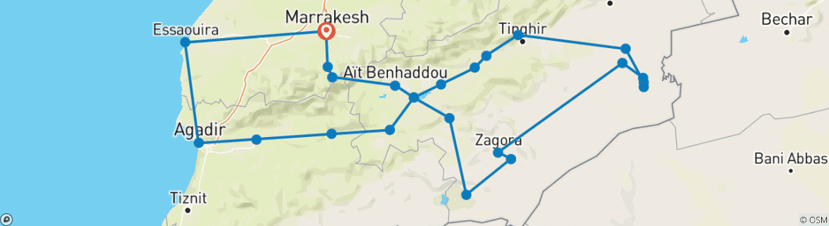 Carte du circuit Au départ de Marrakech : 16 jours d'aventure dans le sud du Maroc : Désert du Sahara, Montagnes de l'Atlas et Océan Atlantique